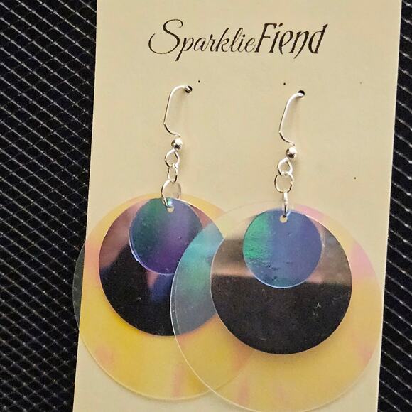 Blue-green, silver, and iridescent clear sequin earrings - Picture 4 of 4